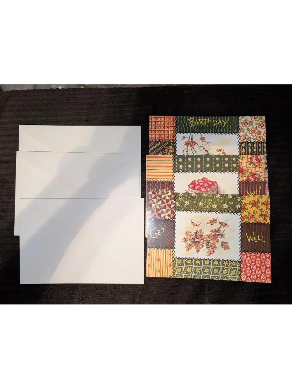 Vtg Unused Patchwork Favorites 3 card & envelope lot 70s get well,bday& thinking